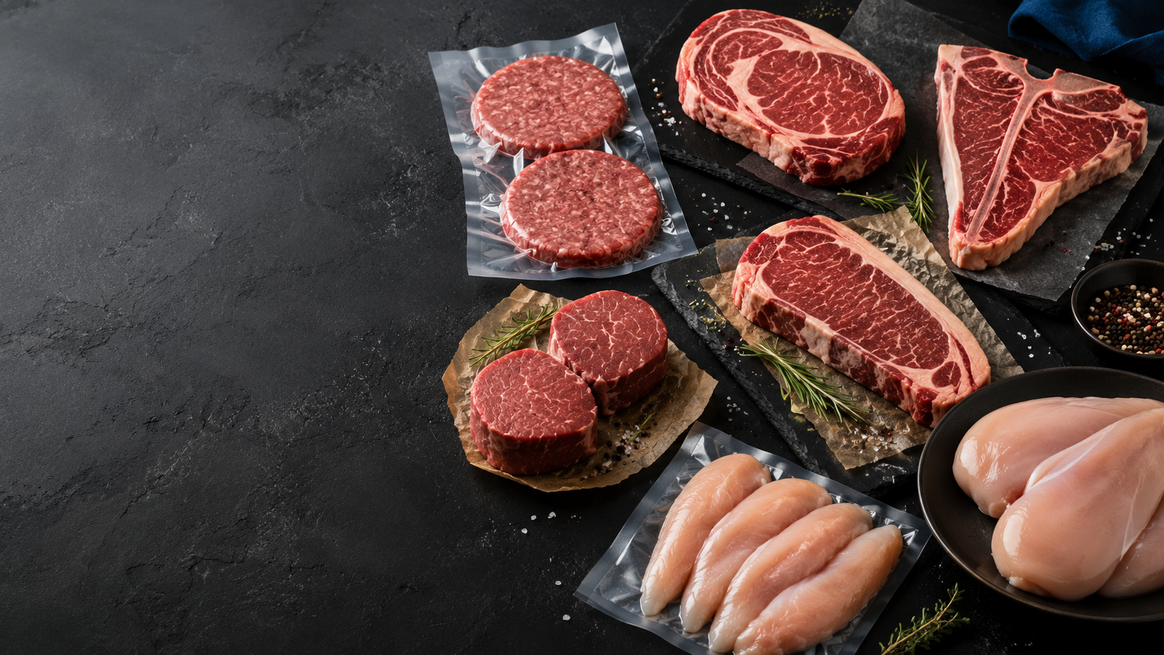 Assorted premium cuts of beef and chicken, including steaks, burger patties, and chicken breasts, styled as a header image for Ultra Meats