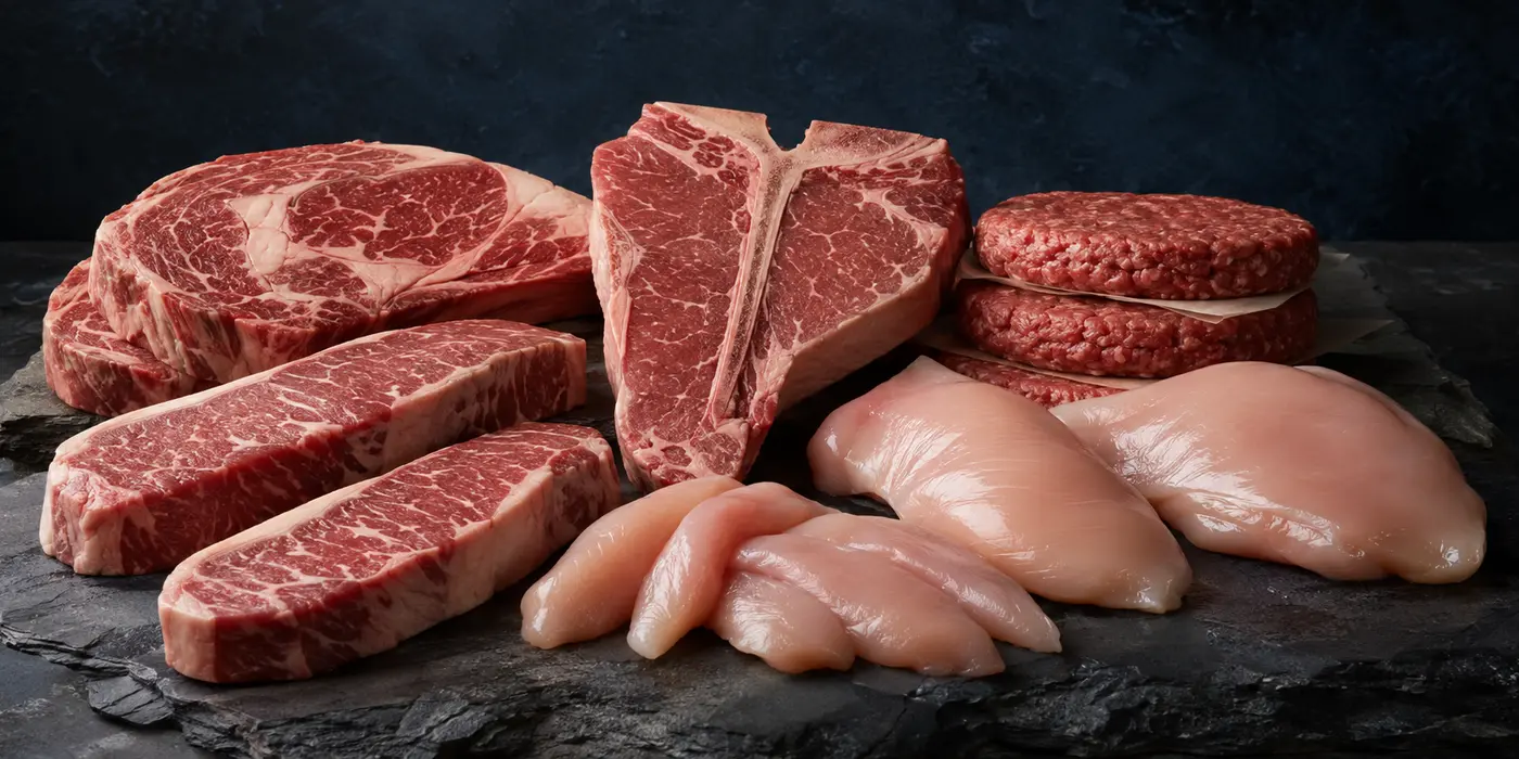 Assorted raw steaks, burger patties, chicken breasts, and chicken tenderloins arranged on dark stone
